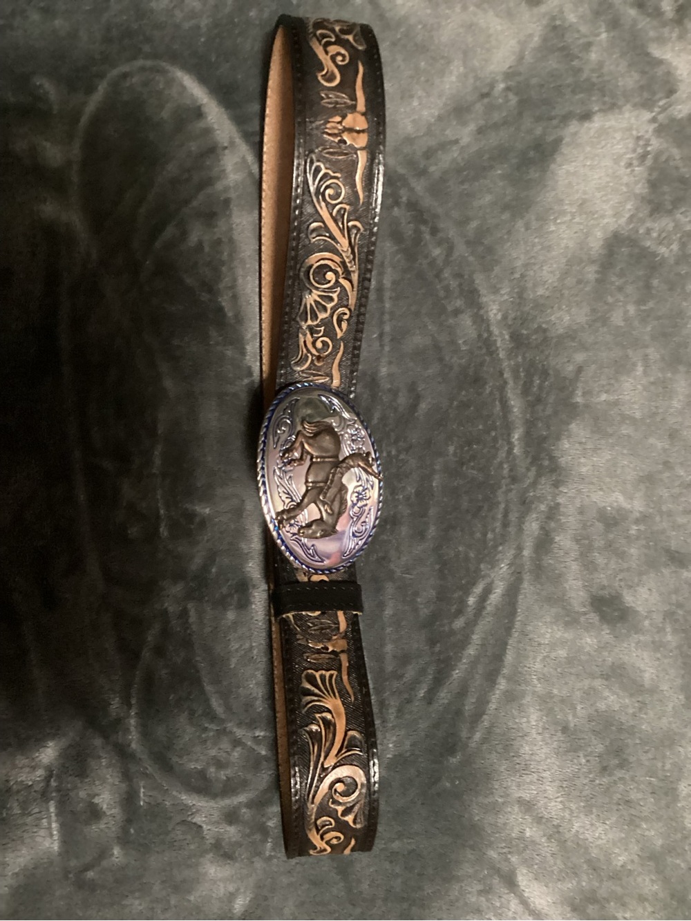 Brown Tooled Leather Western Belt with Engraved Silver Rodeo Buckle